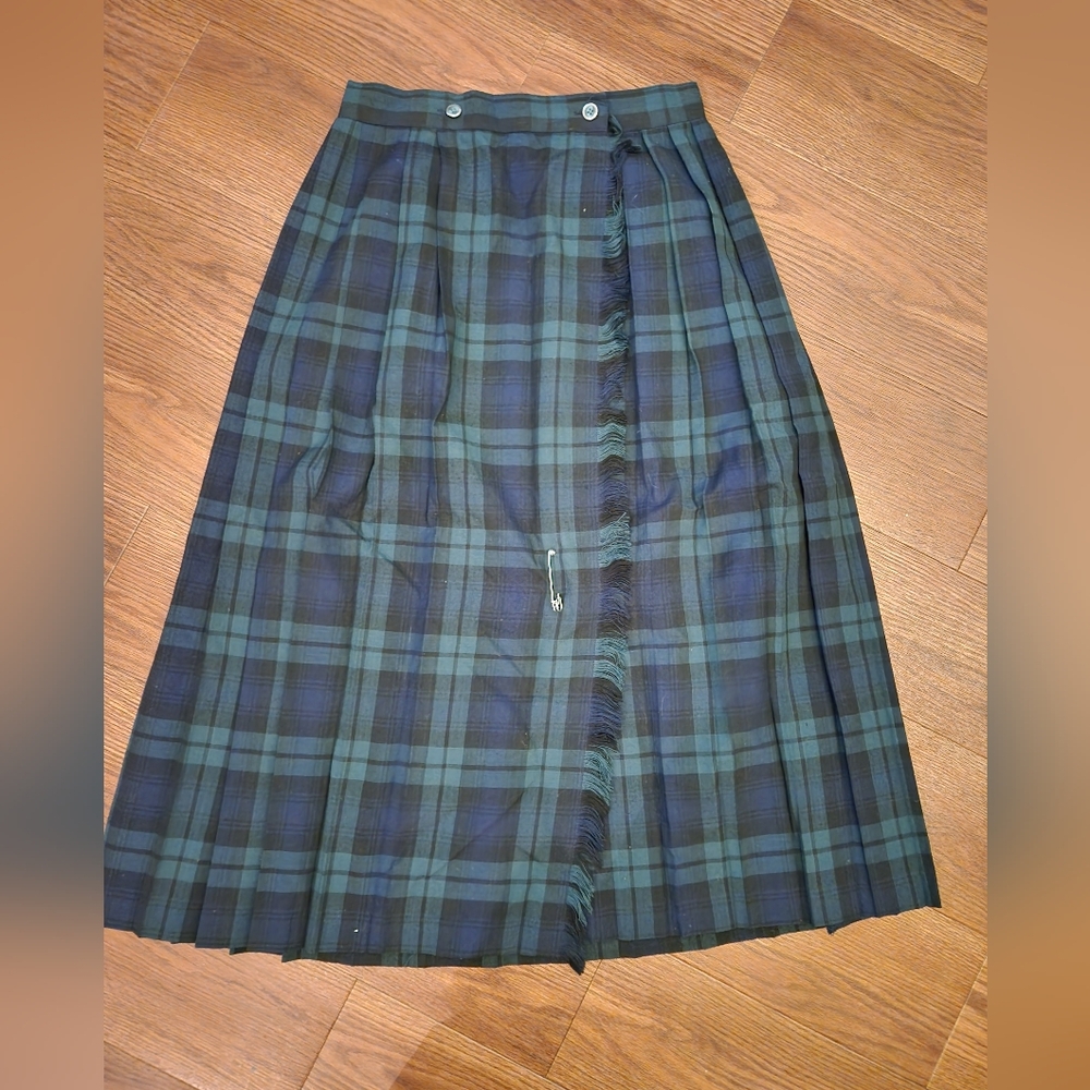 Vintage Plaid Pleated  A-Line Skirt - Green, Blue and Black